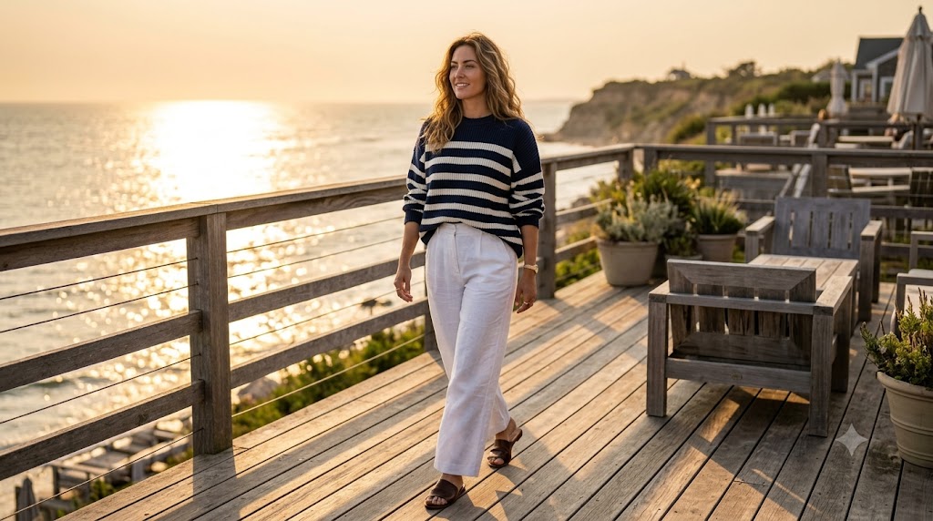 Chunky Striped Sweater & Tailored Linen Trousers